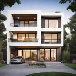 Generate a detailed image of a three-story house from the exterior, showcasing modern architectural design and fanning gardens.