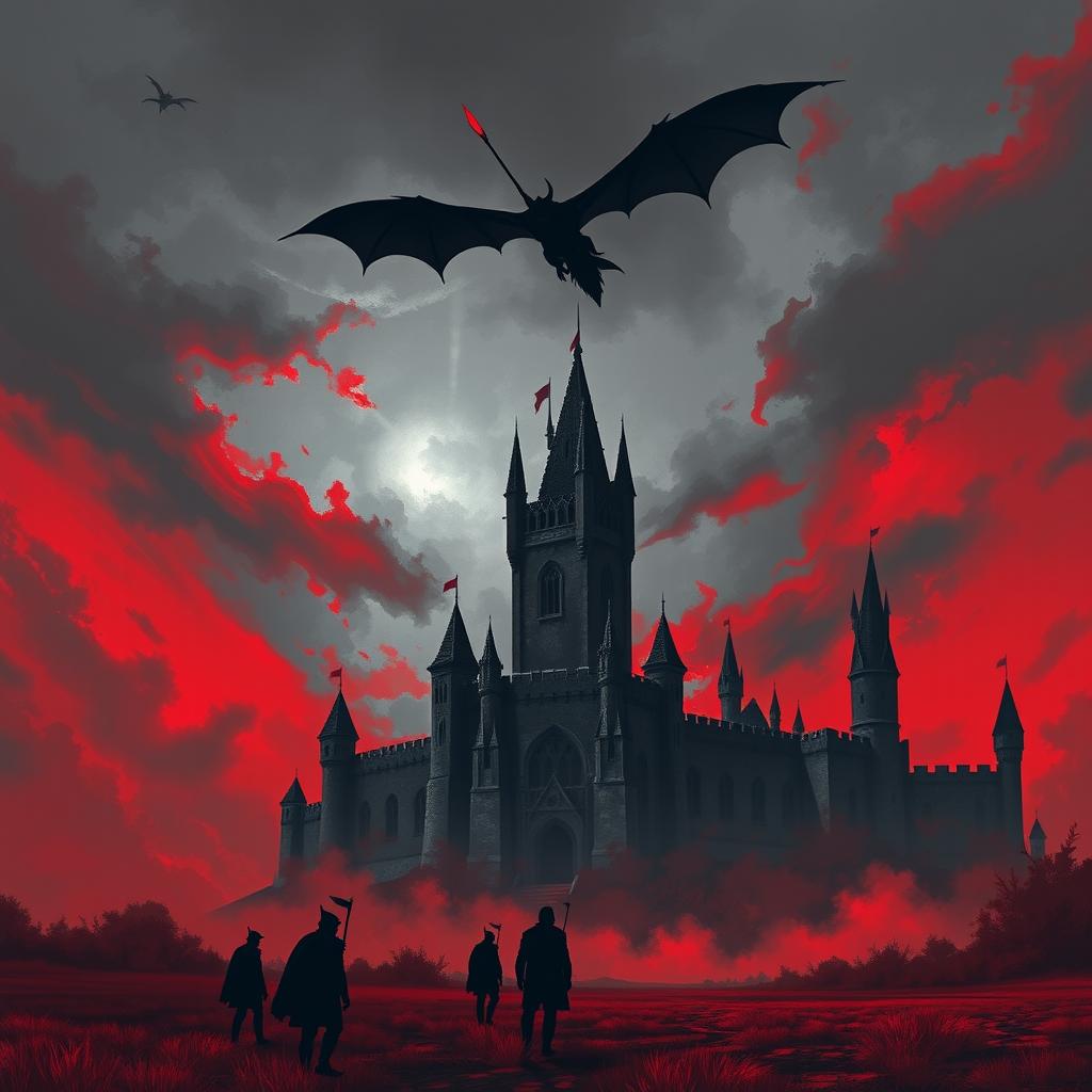 A striking scene depicting a medieval castle, its towering spires reaching toward a turbulent sky painted in ominous shades of gray and bold red