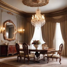 A luxurious and comfortable dining room with polished wooden furniture, a large ornate chandelier, and warm, welcoming decor.