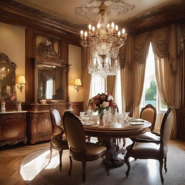 A luxurious and comfortable dining room with polished wooden furniture, a large ornate chandelier, and warm, welcoming decor.