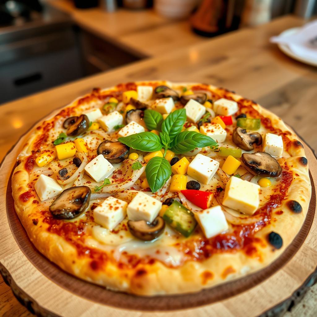 A delectable pizza topped with a mouthwatering combination of sautéed onions, fresh mushrooms, sweet corn, crisp capsicum, and tender paneer cubes, all enveloped in a rich layer of melted mozzarella cheese