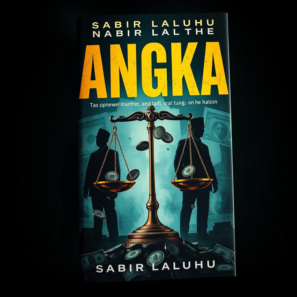 A powerful book cover for a novel titled "ANGKA" by author Sabir Laluhu, depicting a gripping narrative about a massive corruption case involving politicians, parliament members, palace authorities, and powerful oligarchs