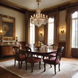 A luxurious and comfortable dining room with polished wooden furniture, a large ornate chandelier, and warm, welcoming decor.