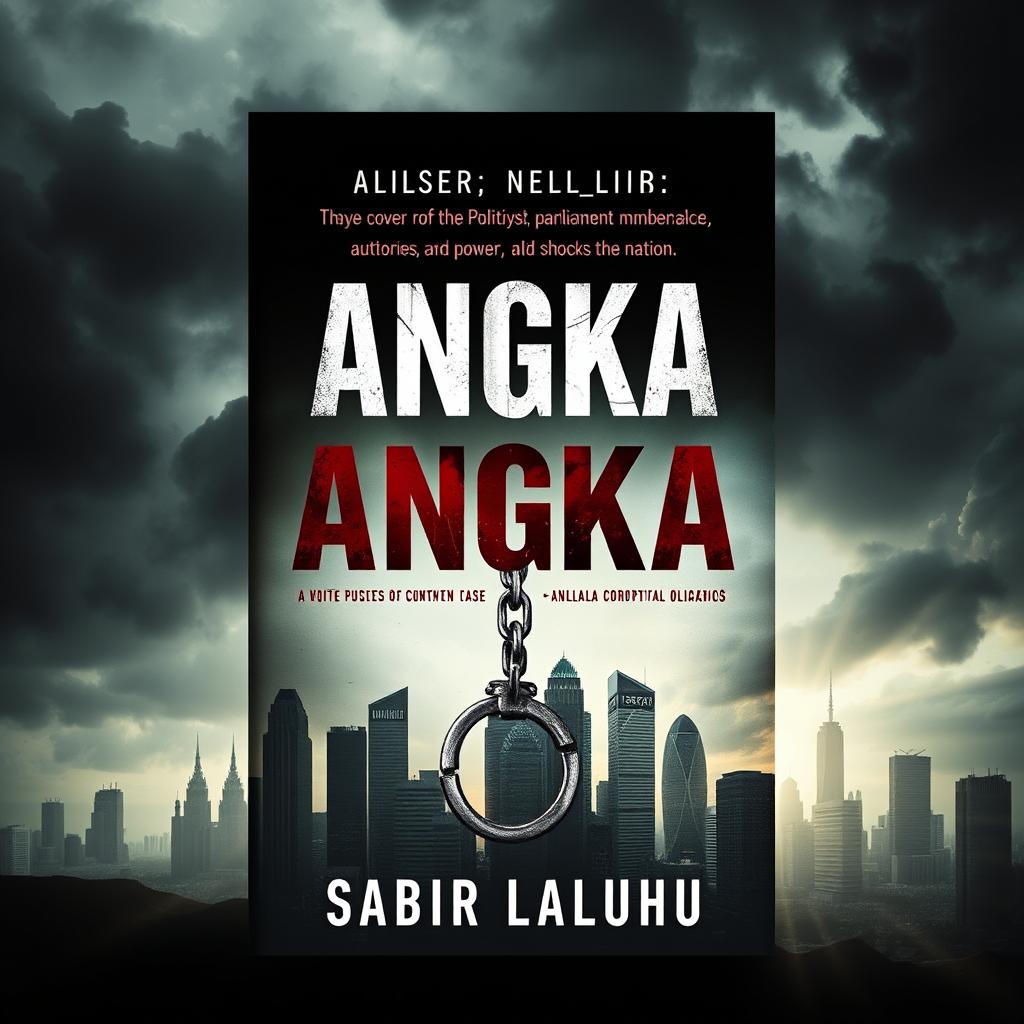 A striking book cover for the novel titled "ANGKA" by Sabir Laluhu, showcasing a compelling narrative about a major corruption scandal involving politicians, parliament members, palace authorities, and powerful oligarchs