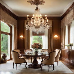 A luxurious and comfortable dining room with polished wooden furniture, a large ornate chandelier, and warm, welcoming decor.