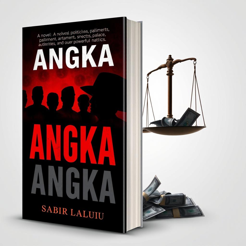 An impactful book cover design for the novel "ANGKA" by Sabir Laluhu, illustrating a significant corruption scandal that shocks a nation