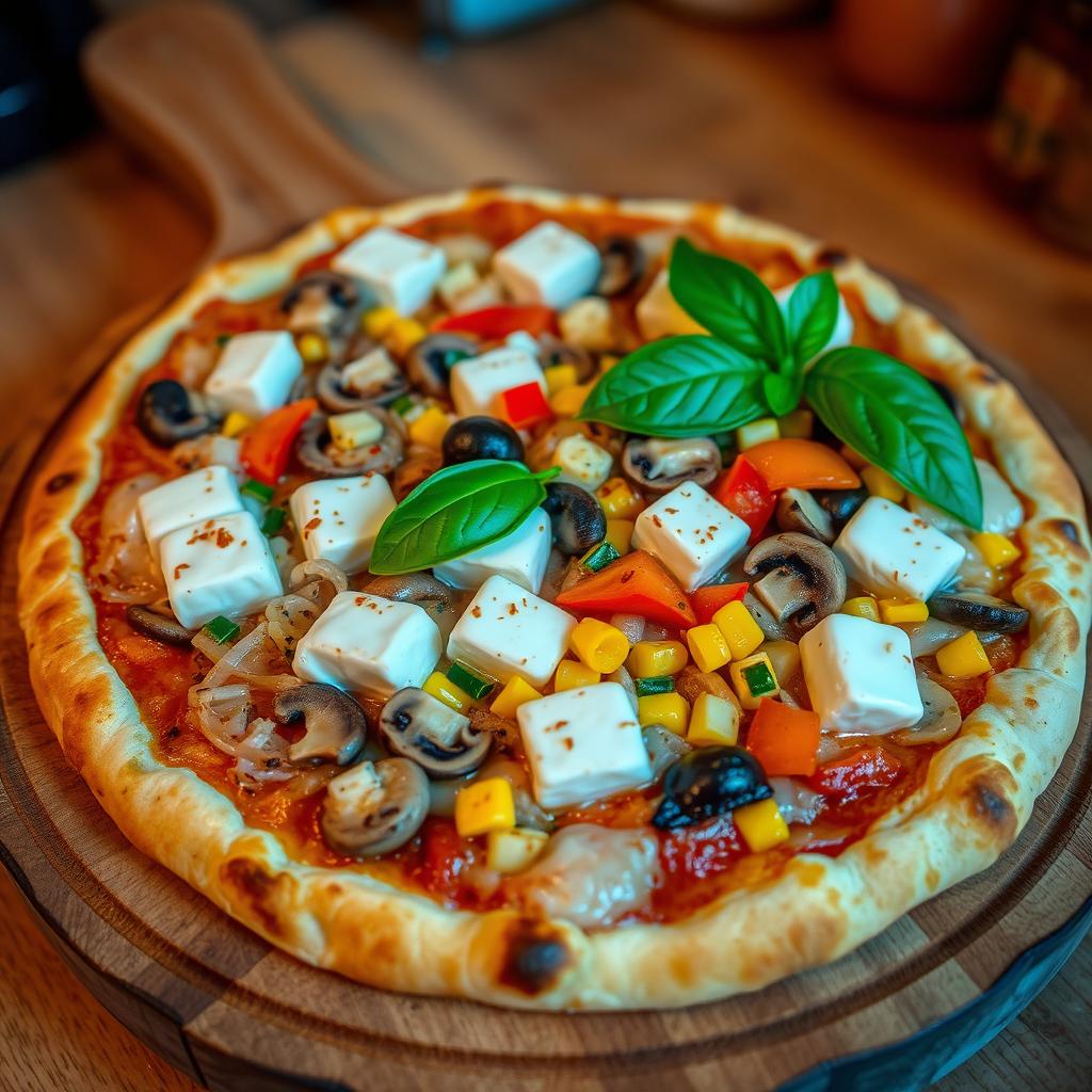 An irresistible pizza showcasing a mouthwatering combination of sautéed onions, earthy mushrooms, vibrant sweet corn, soft paneer cubes, and colorful capsicum, all generously topped with a creamy layer of melted mozzarella cheese
