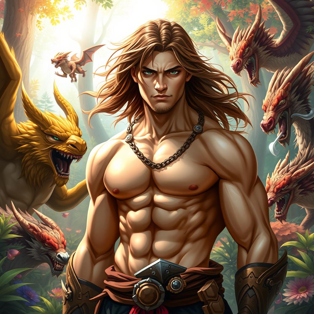 A realistic warrior with the ability to transform into semi-beast creatures, featuring brown hair that flows freely