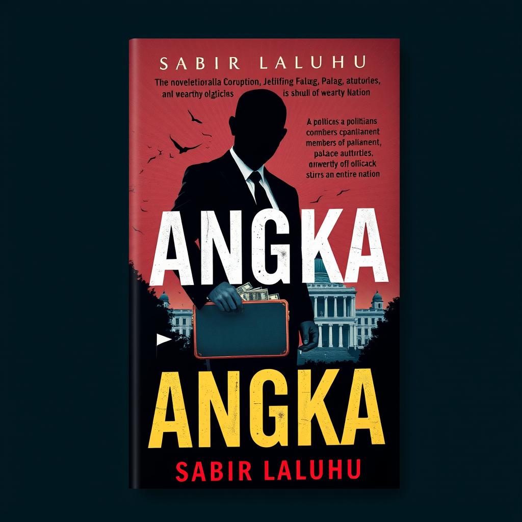 An eye-catching book cover design for the novel "ANGKA" by Sabir Laluhu, which explores a monumental corruption scandal involving politicians, members of parliament, palace authorities, and wealthy oligarchs
