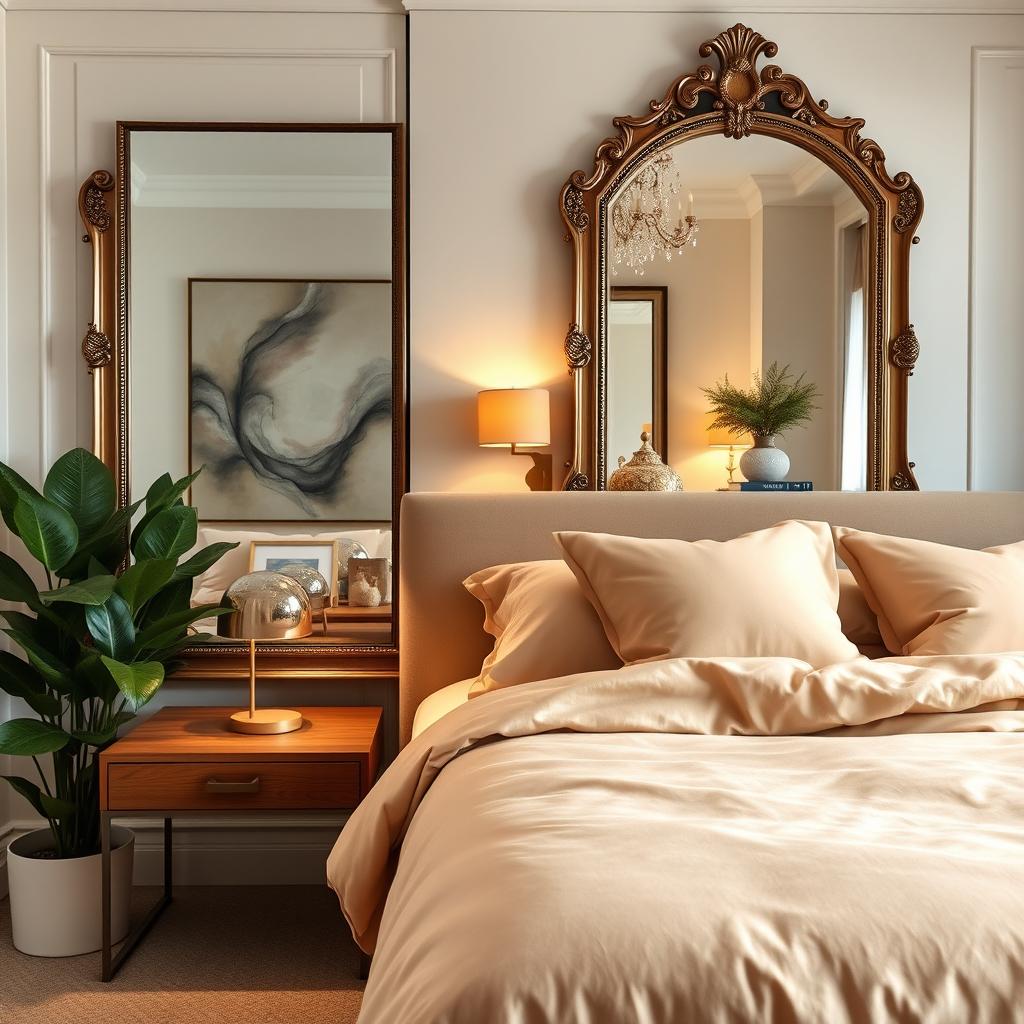 An elegant interior scene featuring a stylish, modern bedroom