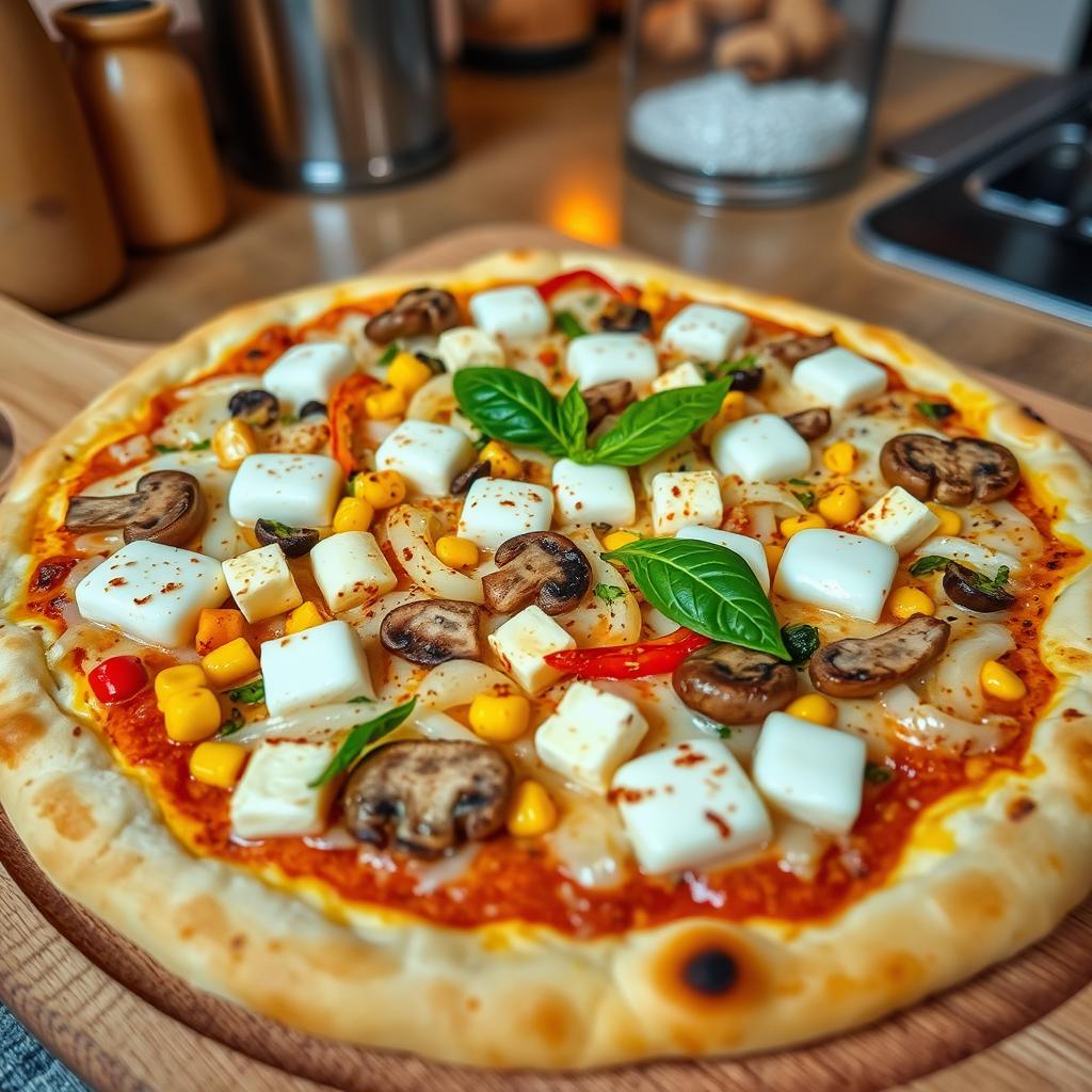 A delicious pizza showcasing a mouthwatering blend of sautéed onions, tender mushrooms, crispy sweet corn, soft paneer cubes, and vibrant capsicum, all generously topped with a luscious layer of melted mozzarella cheese