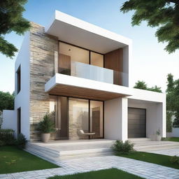 Render an image of a stylish house featuring an intriguing combination of various tiles in its exterior design.