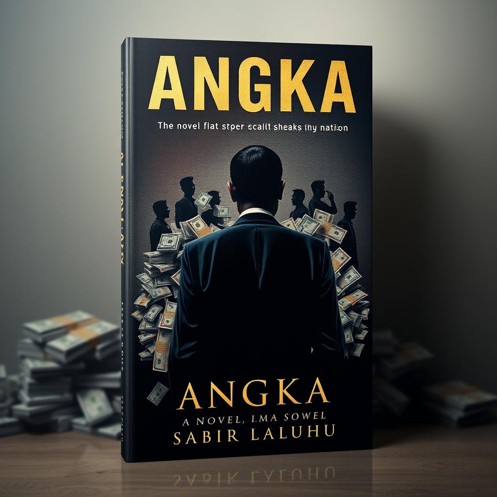 An engaging book cover design for the novel "ANGKA" by Sabir Laluhu, depicting a major corruption scandal that shakes an entire nation