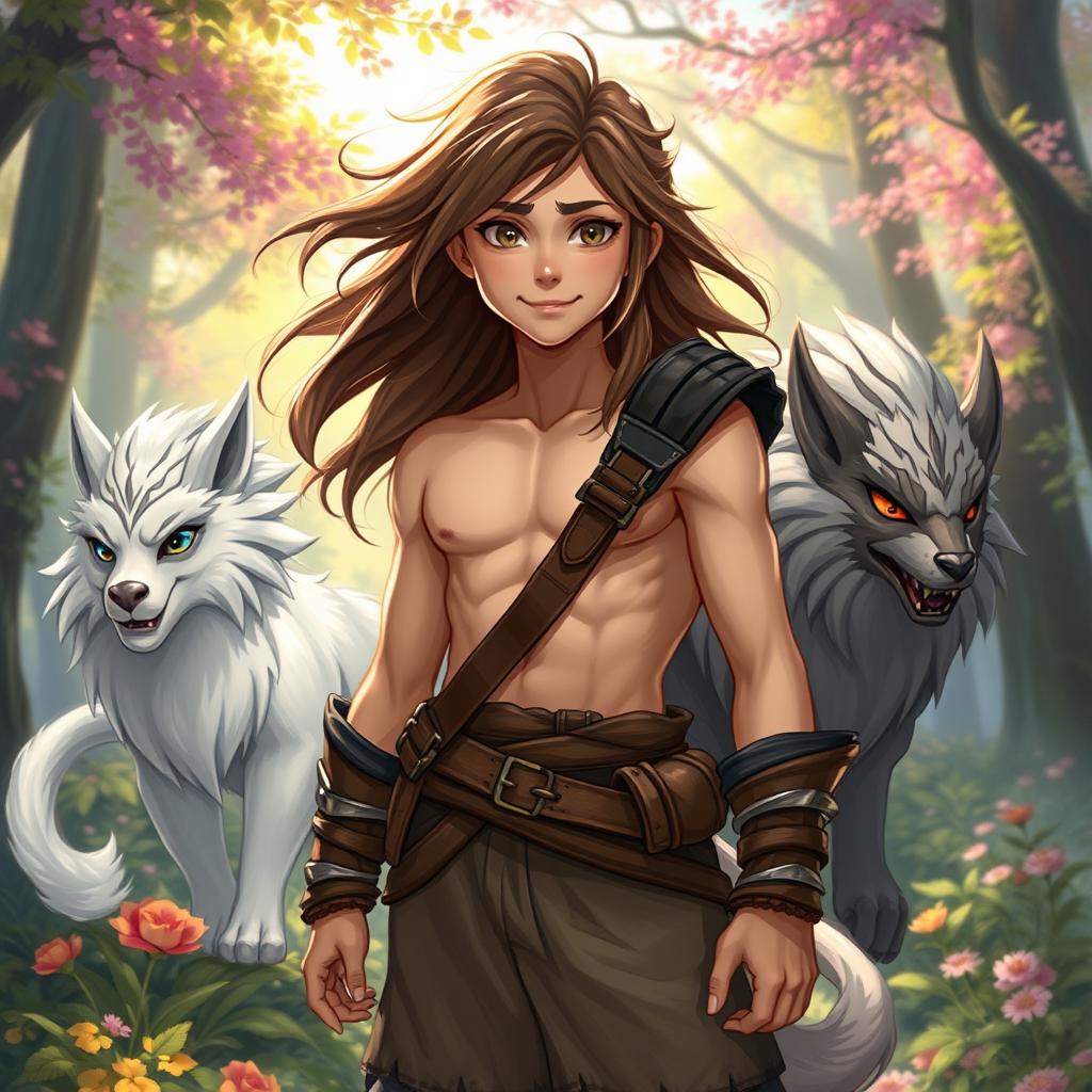A realistic warrior with the ability to transform into semi-beast creatures, featuring flowing brown hair and a friendly, approachable demeanor