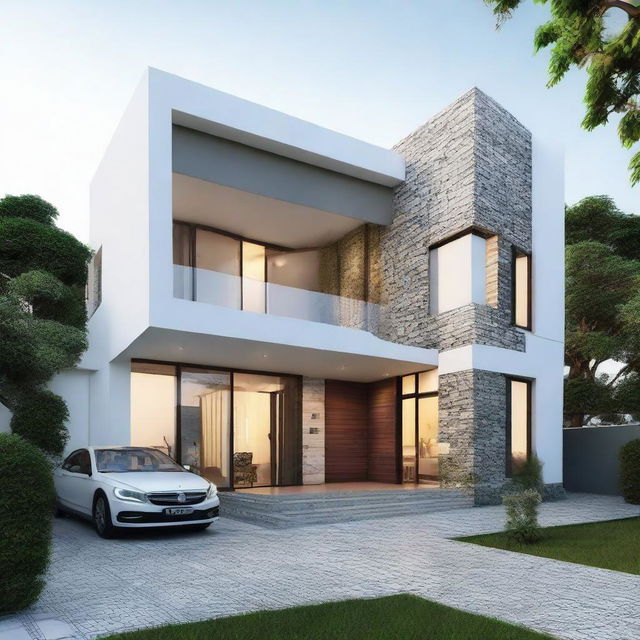 Render an image of a stylish house featuring an intriguing combination of various tiles in its exterior design.