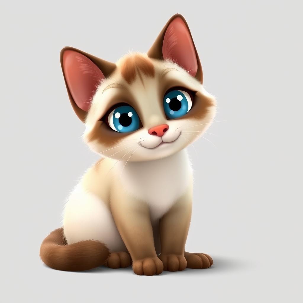 A delightful 3D Pixar-style illustration of a Siamese cat, featuring its distinct white and brown fur patterns
