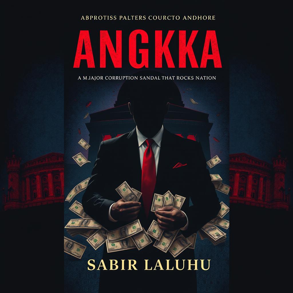 A striking book cover design for the novel "ANGKA" by Sabir Laluhu, depicting a major corruption scandal that rocks a nation