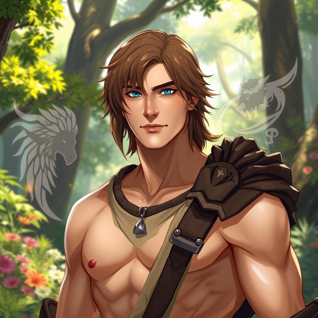 A realistic male warrior with the ability to transform into semi-beast creatures, featuring soft brown hair that falls gently around his face