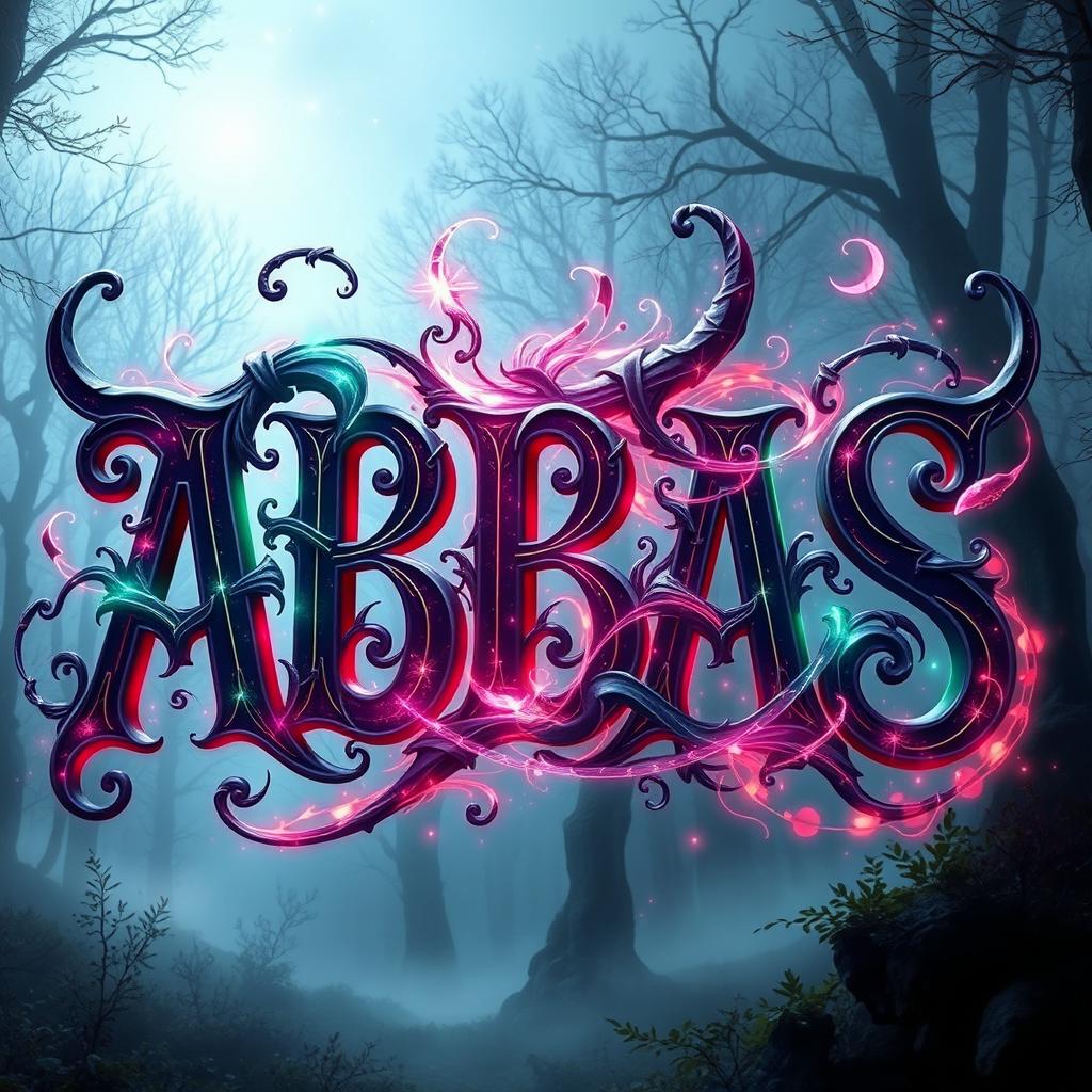 A three-dimensional text representation of the word 'ABBAS', infused with a magical and demonically inspired aesthetic