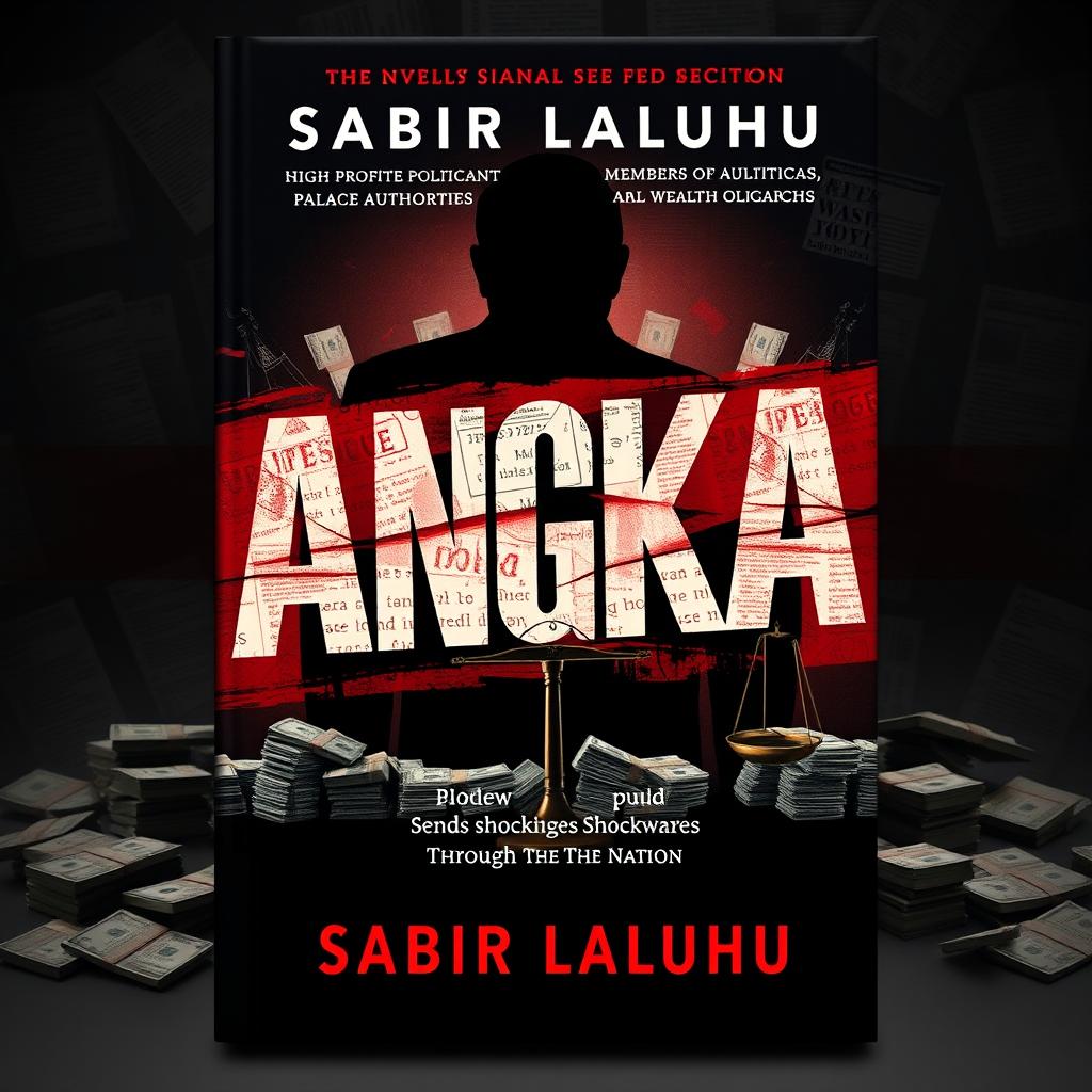 A powerful book cover design for the novel "ANGKA" by Sabir Laluhu, showcasing the theme of corruption that involves high-profile politicians, members of parliament, palace authorities, and wealthy oligarchs