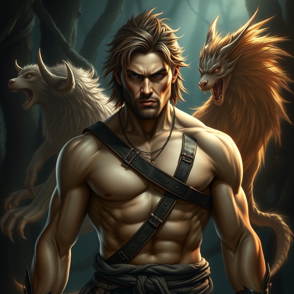 A realistic and intimidating male warrior with the ability to transform into semi-beast creatures, featuring striking brown hair that adds to his fierce yet noble appearance