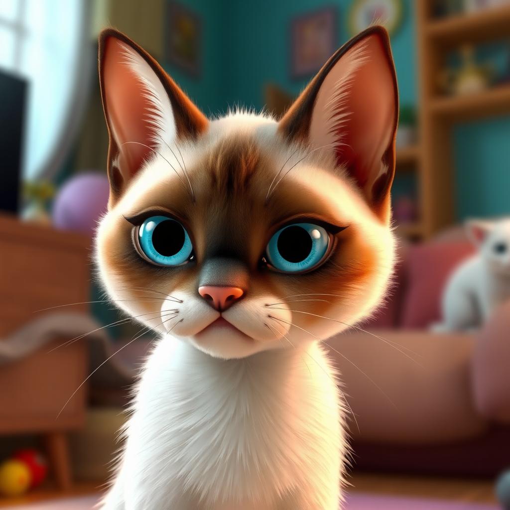 A delightful 3D Pixar-style illustration of a Siamese cat featuring white and brown fur