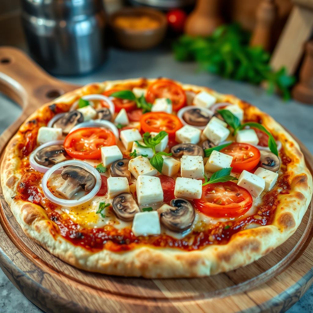 An enticing pizza topped with fresh slices of onions, tender mushrooms, creamy paneer cubes, and vibrant capsicum, all resting on a rich, cheesy crust