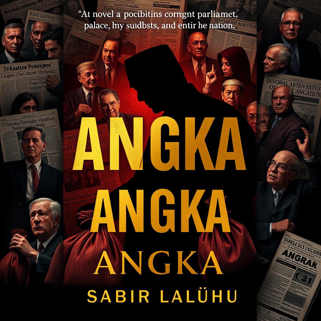 A captivating book cover design for the novel "ANGKA" by Sabir Laluhu, illustrating a significant corruption case that stuns an entire nation