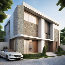 Render an image of a stylish house featuring an intriguing combination of various tiles in its exterior design.