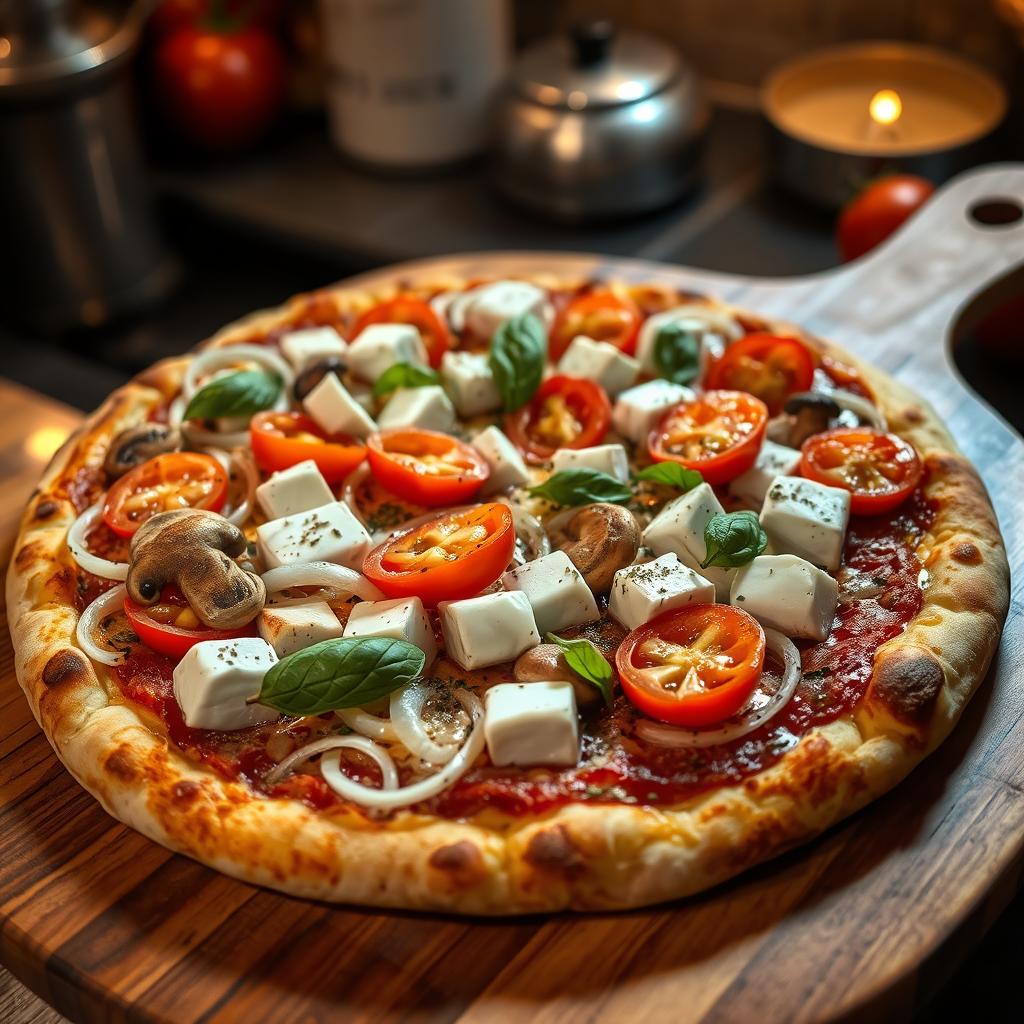 A delectable pizza topped with fresh, sliced onions, tender mushrooms, creamy paneer cubes, and vibrant red and green capsicum, all resting on a rich, cheesy crust