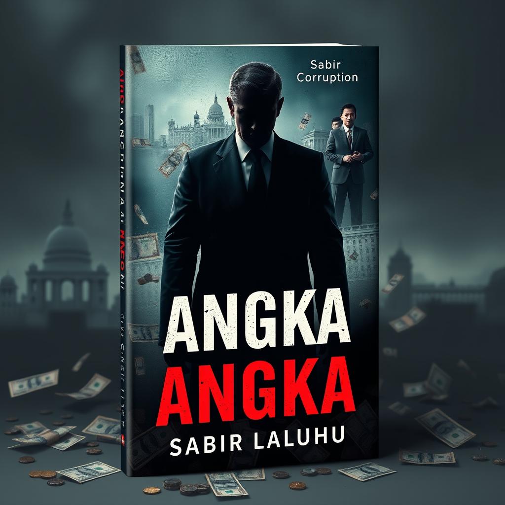 An impactful book cover design for the novel "ANGKA" by Sabir Laluhu, capturing the essence of a major corruption scandal involving politicians, members of parliament, palace authorities, and wealthy oligarchs