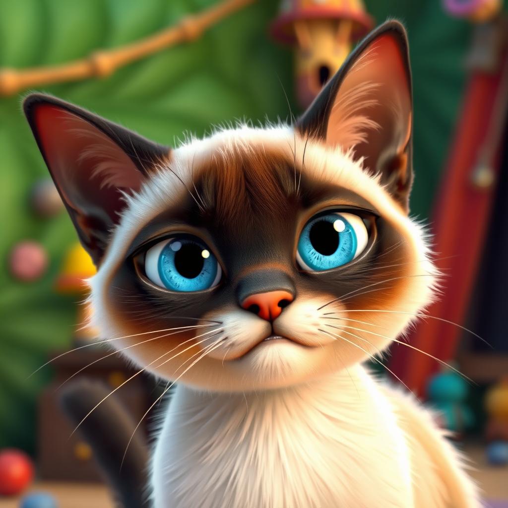 A brave Siamese cat with striking blue eyes, displaying a serious yet delightful expression, in a vibrant 3D Pixar animation style