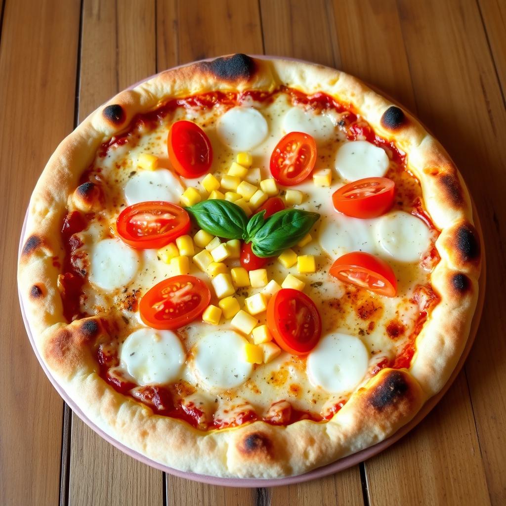 A delectable pizza featuring a crispy golden crust topped with sweet corn, juicy tomatoes, and vibrant capsicum