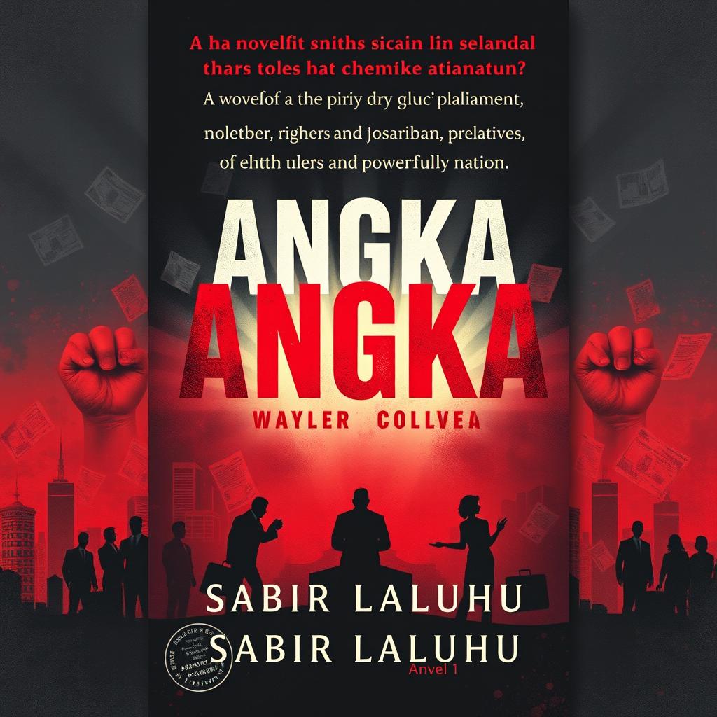 A compelling book cover design for the novel "ANGKA" by Sabir Laluhu, centered around a major corruption scandal that shocks an entire nation