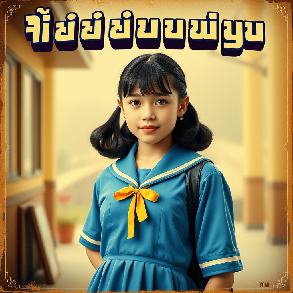 A vintage retro-style poster featuring a girl wearing a blue school uniform instead of a yellow dress