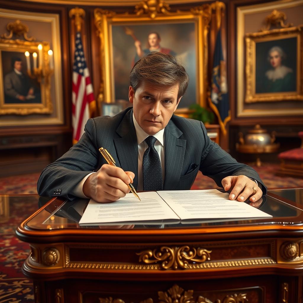 A charismatic figure resembling a businessman, confidently signing a large contract at a lavish desk adorned with gold accents