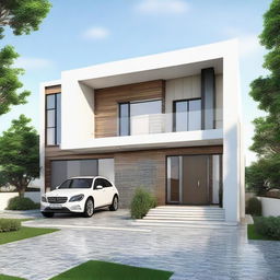 Render an image of a stylish house featuring an intriguing combination of various tiles in its exterior design.