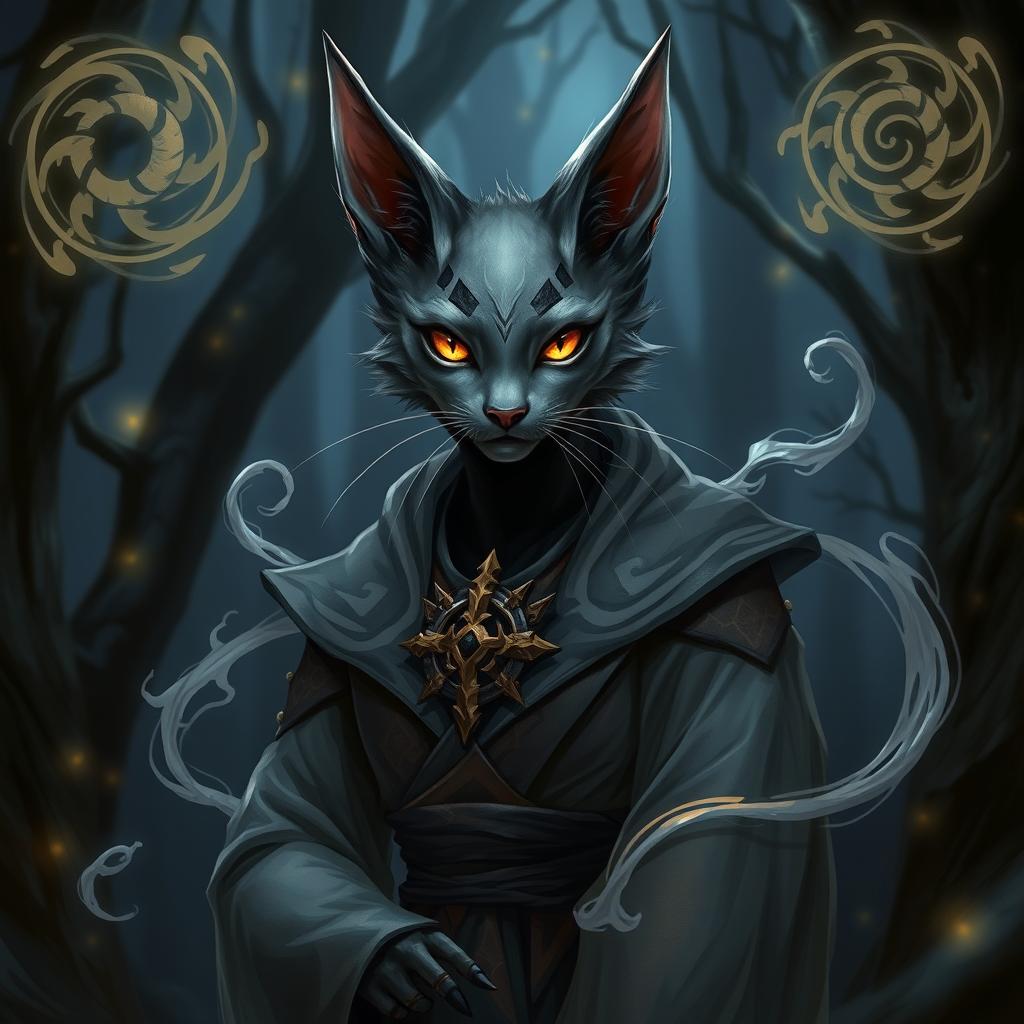 A mystical Tabaxi character who has entered into a warlock pact, featuring feline-like features such as pointed ears, whiskers, and a luxurious coat of fur in shades of deep grey and black
