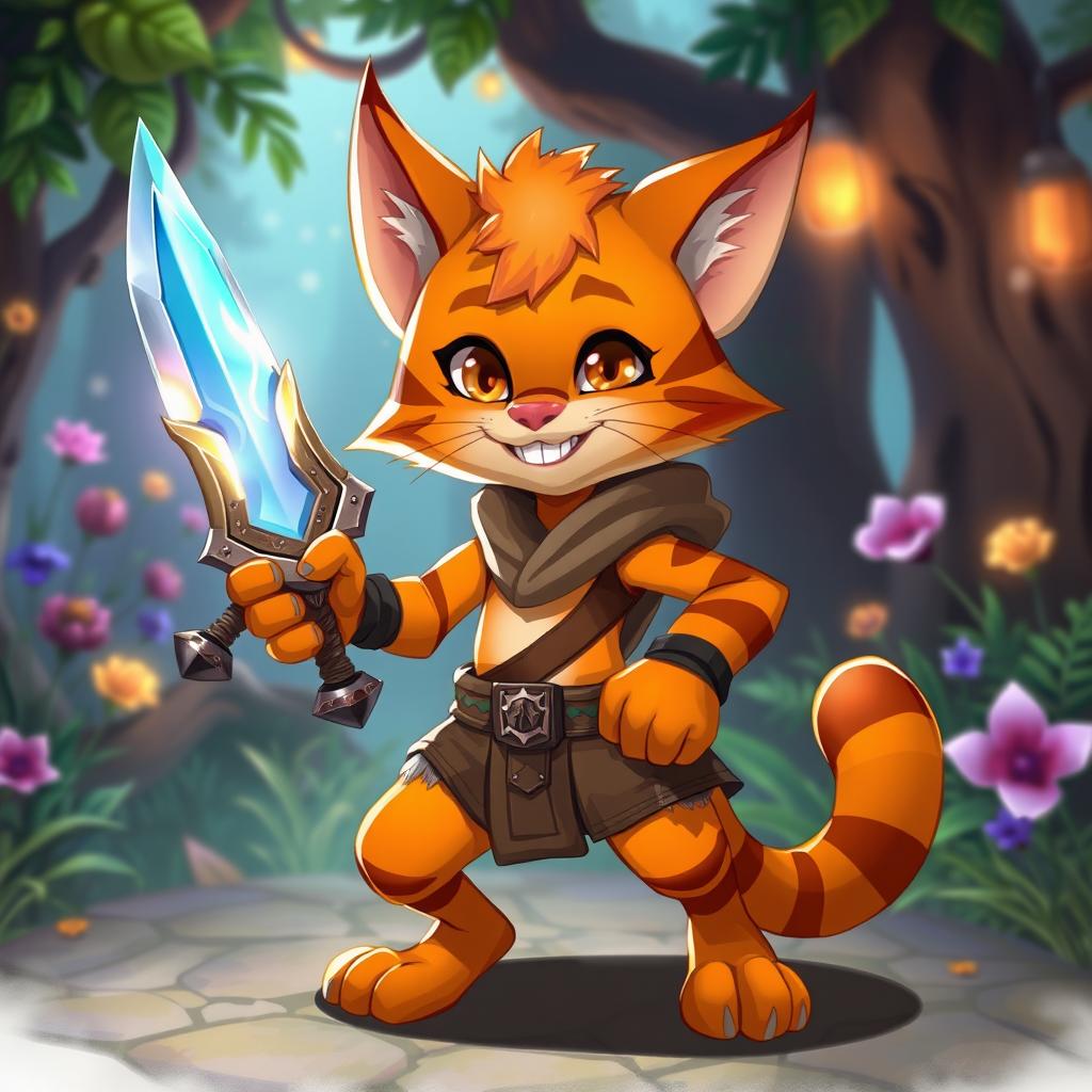 A wild and friendly orange Tabaxi character, realistically portrayed with bright orange fur and distinctive darker stripes, displaying a charming and approachable demeanor
