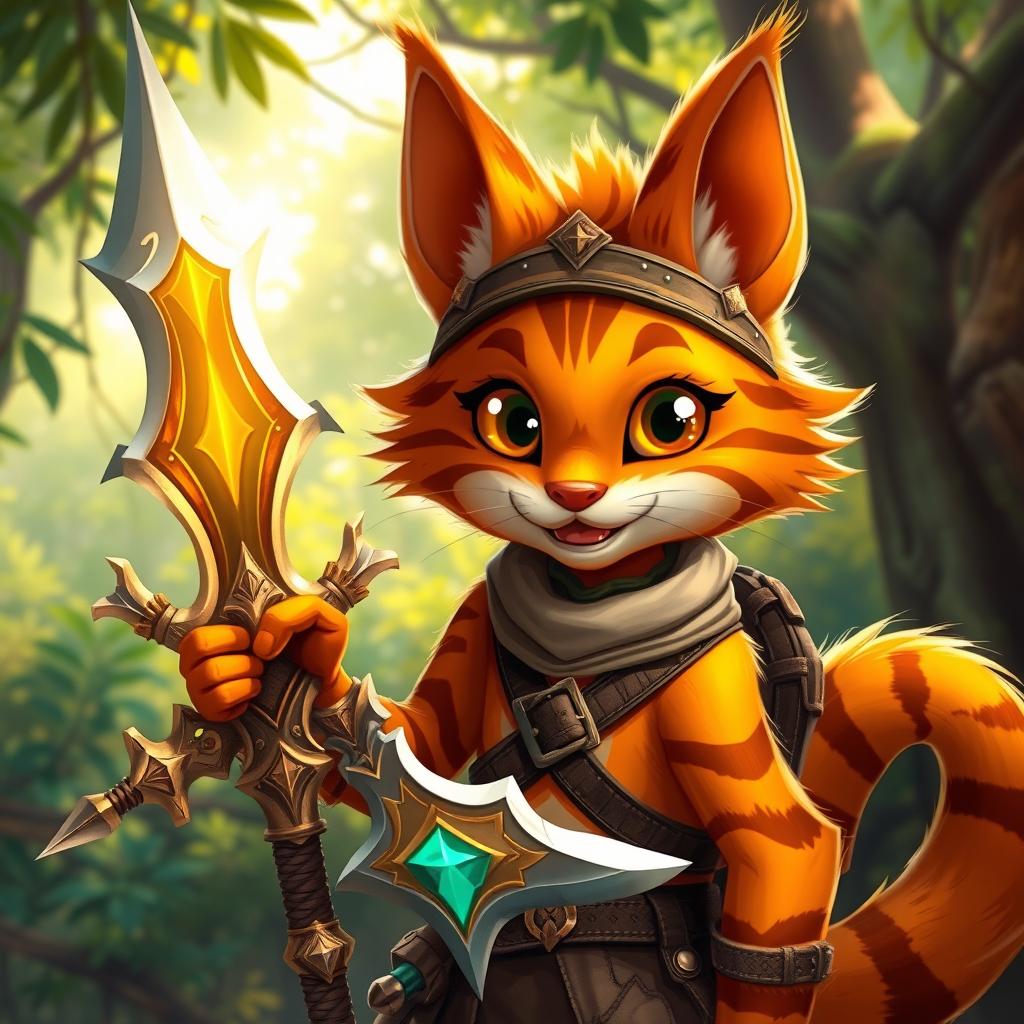 A friendly feral orange Tabaxi character, realistically designed with bright orange fur and distinctive dark stripes, exuding a playful yet wild vibe