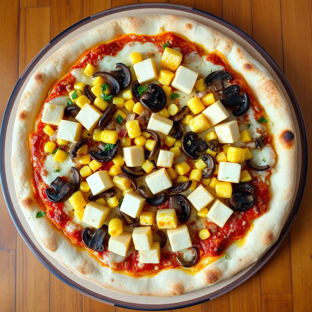 A flavorful pizza featuring a crispy golden crust topped with sweet corn and succulent paneer cubes, paired with tender mushrooms and crunchy onions