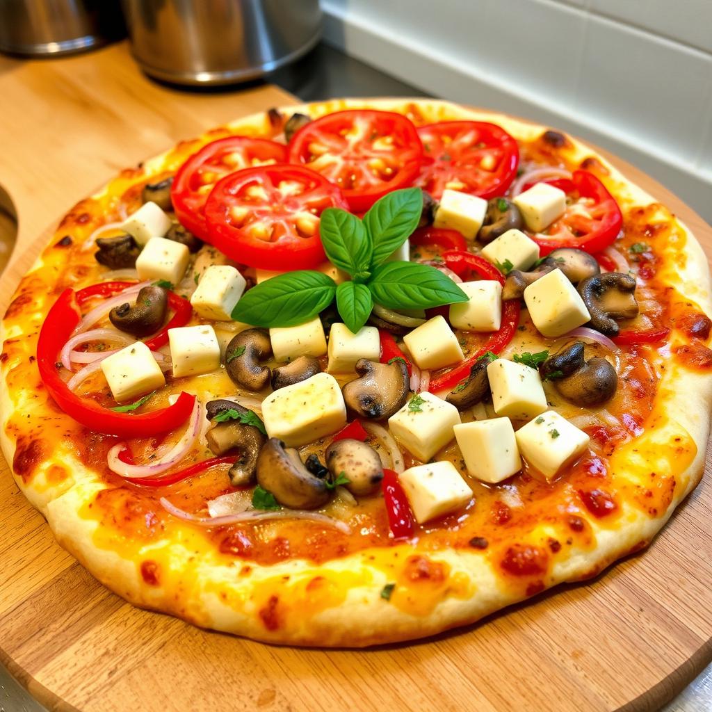 A delicious pizza topped with fresh, crisp onions, tender sautéed mushrooms, creamy paneer cubes, and vibrant red and green capsicum, all generously layered on a gooey, cheesy crust