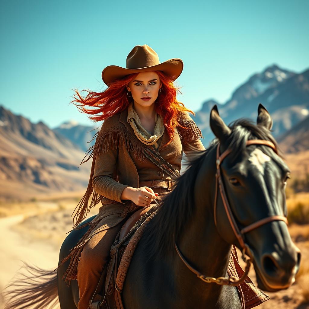 A dramatic portrait of Etta Place, the Outlaw Queen, set in the rugged scenery of the Rocky Mountains