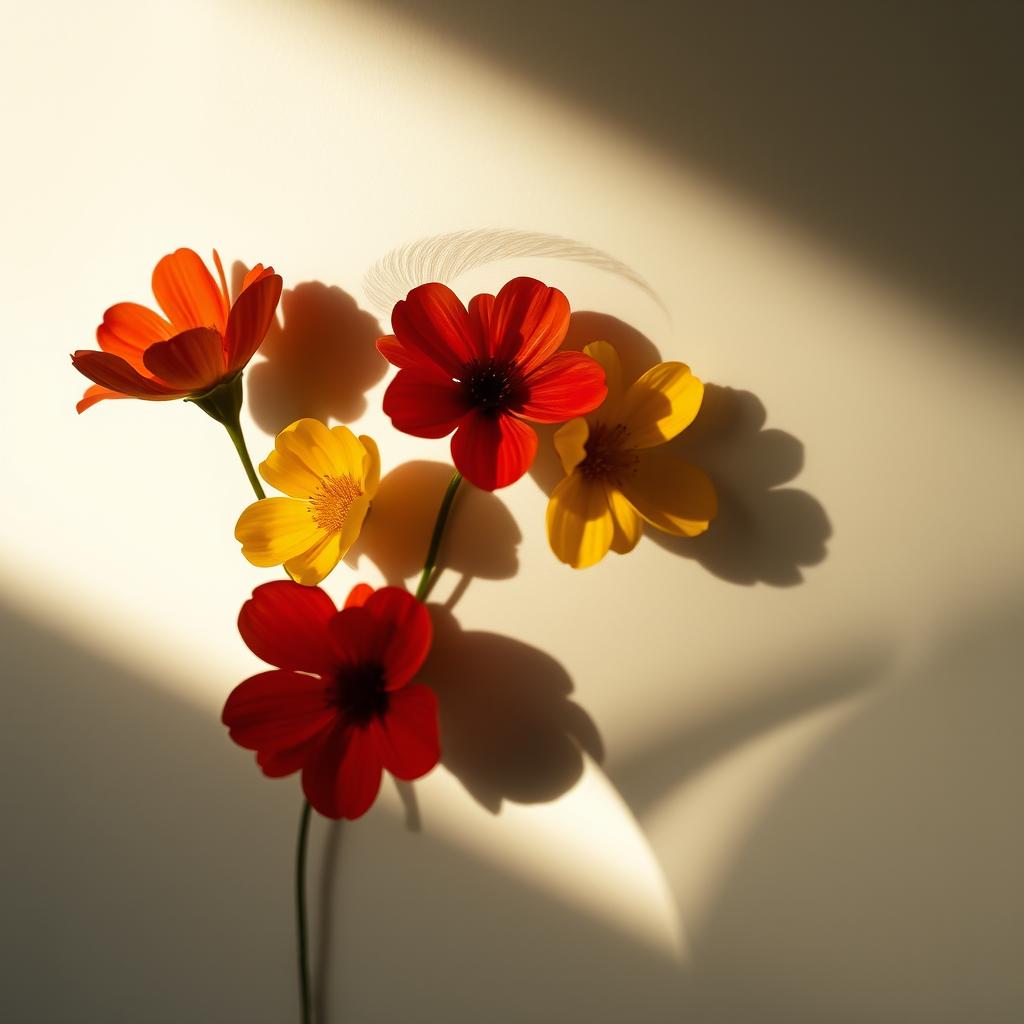 A woman’s shadow face elegantly blended with the silhouettes of 2 or 3 vibrant flowers