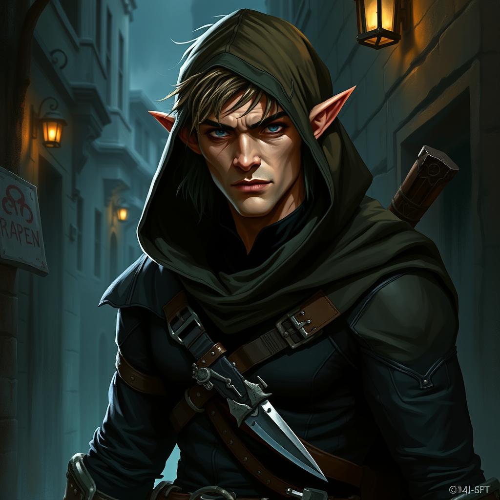 A realistic depiction of a semi-elf rogue, showcasing a blend of elven elegance and human ruggedness