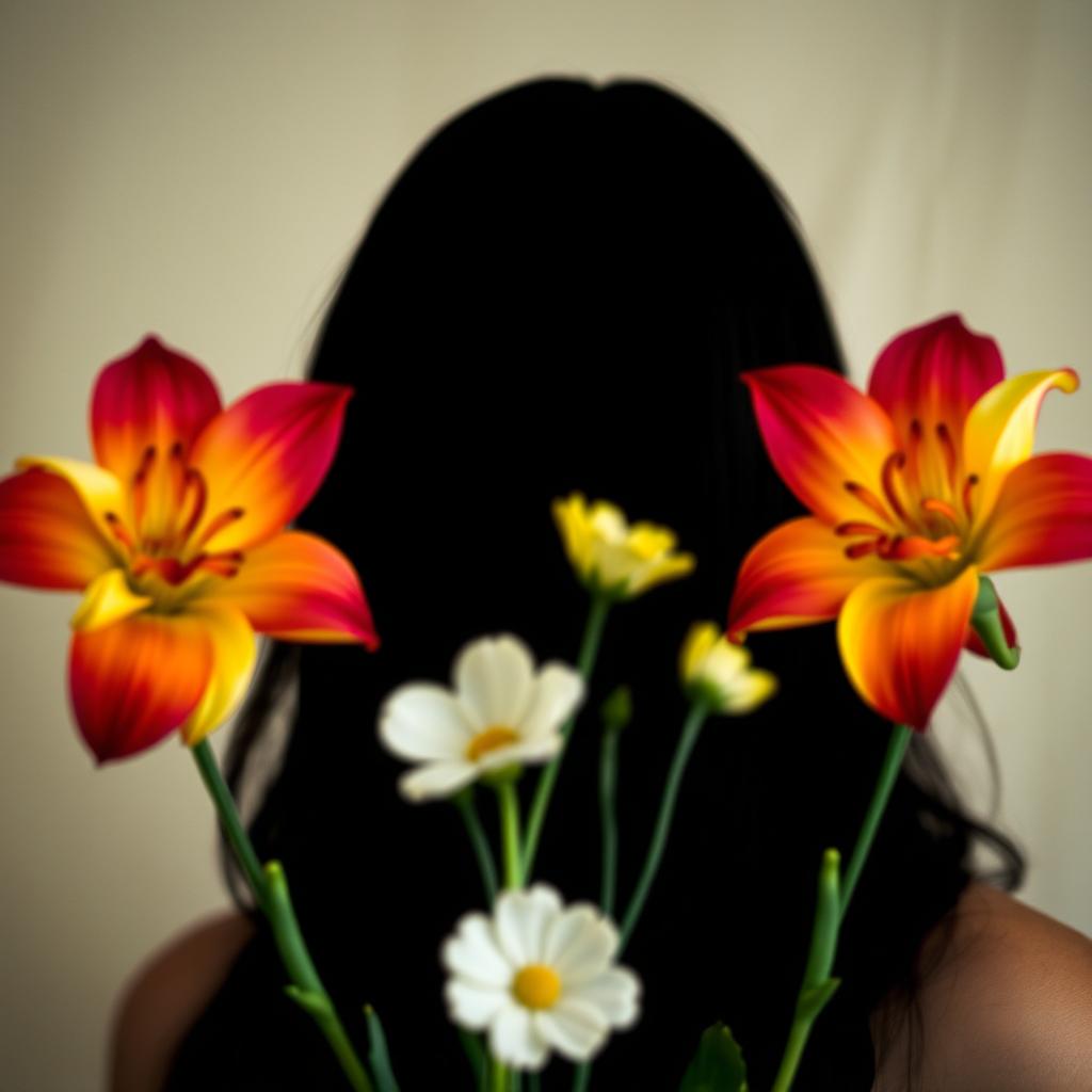 A mysterious woman with a black shadow face, elegantly framed by two or three vibrant flowers