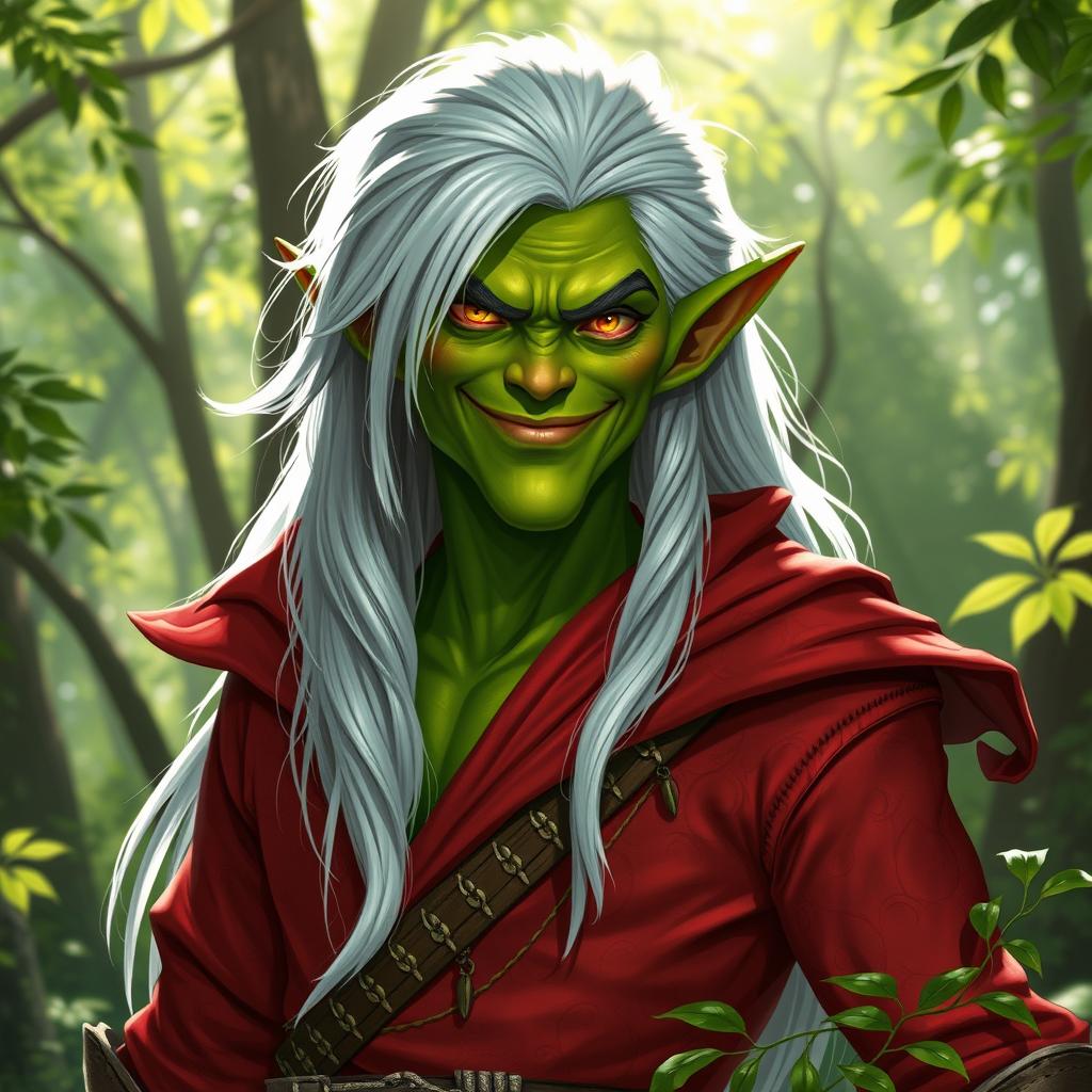 A tall, arrogant semi-elf rogue character, realistically designed with striking green skin that highlights their connection to nature