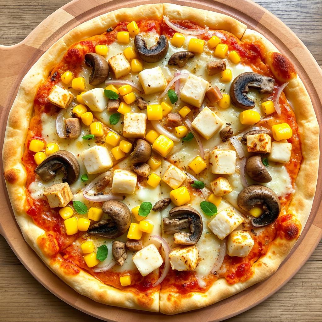 A delicious pizza showcasing a crispy golden crust topped with sweet corn and flavorful paneer cubes, complemented by tender mushrooms and crunchy onions