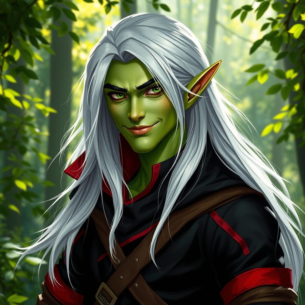A tall, arrogant yet benevolent semi-elf rogue, realistically portrayed with light green skin that showcases a strong bond with nature