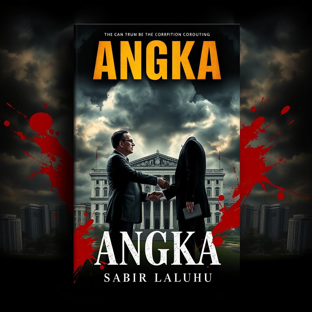 A captivating novel cover design for a book titled 'ANGKA' by author Sabir Laluhu, illustrating a dramatic theme of high-level corruption